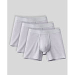 Three pairs of light gray boxer briefs stacked on a light gray background