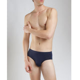 Model wearing navy modal brief side view