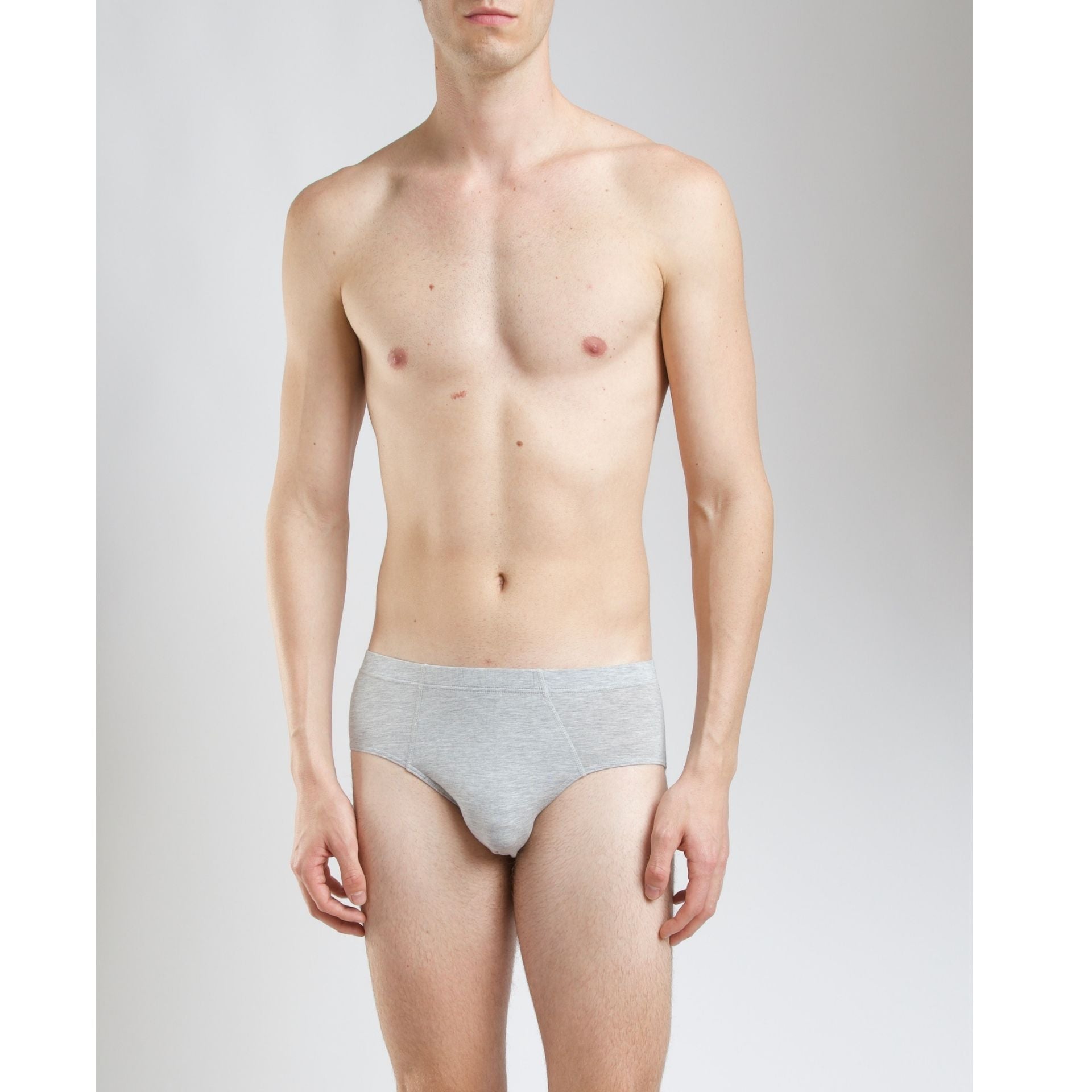 SilkCut Micro Modal Air men’s briefs in gray on a model sshowing lightweight breathable fabric