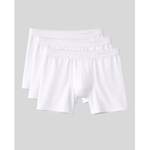 Three pairs of white luxury boxer briefs stacked on a light gray background