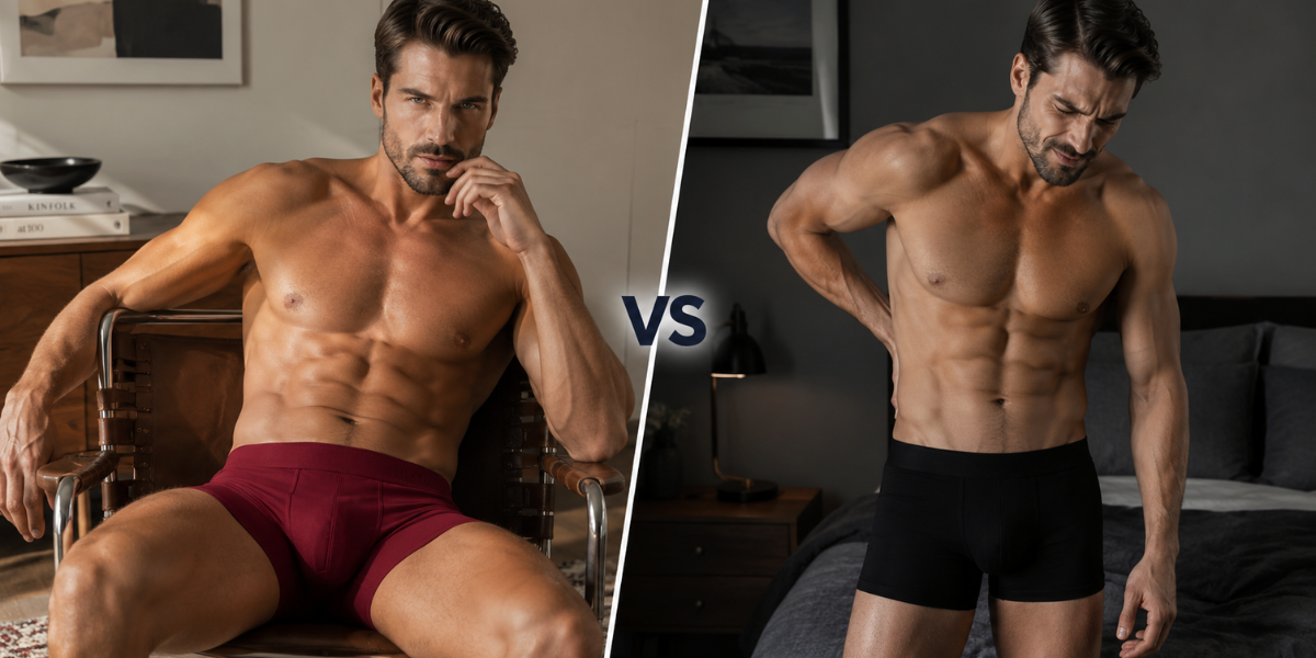 SilkCut vs SAXX comparison image showing breathable SilkCut boxer briefs beside SAXX pouch support underwear for cooling comfort and everyday wear
